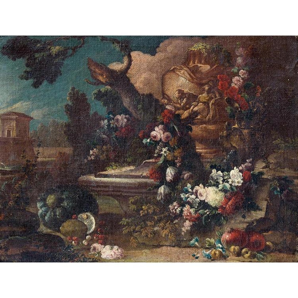 FLOWER PIER IN FRONT OF A FOUNTAIN by Gasparo Lopez