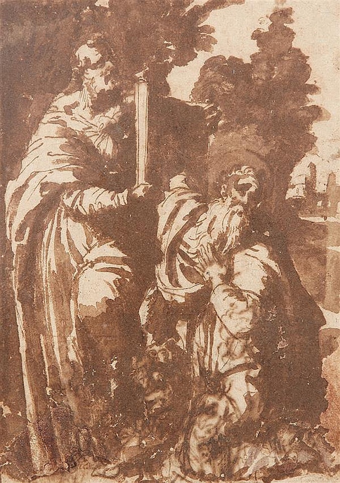 Two figures in a landscape by Jan de Bisschop