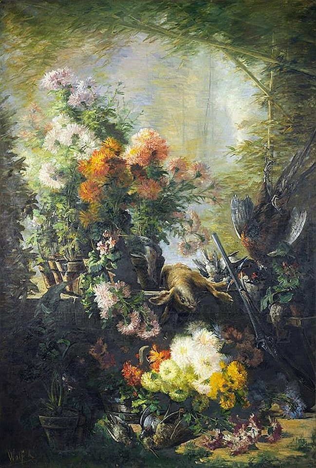 Still life with bouquet of dahlias and game by German School