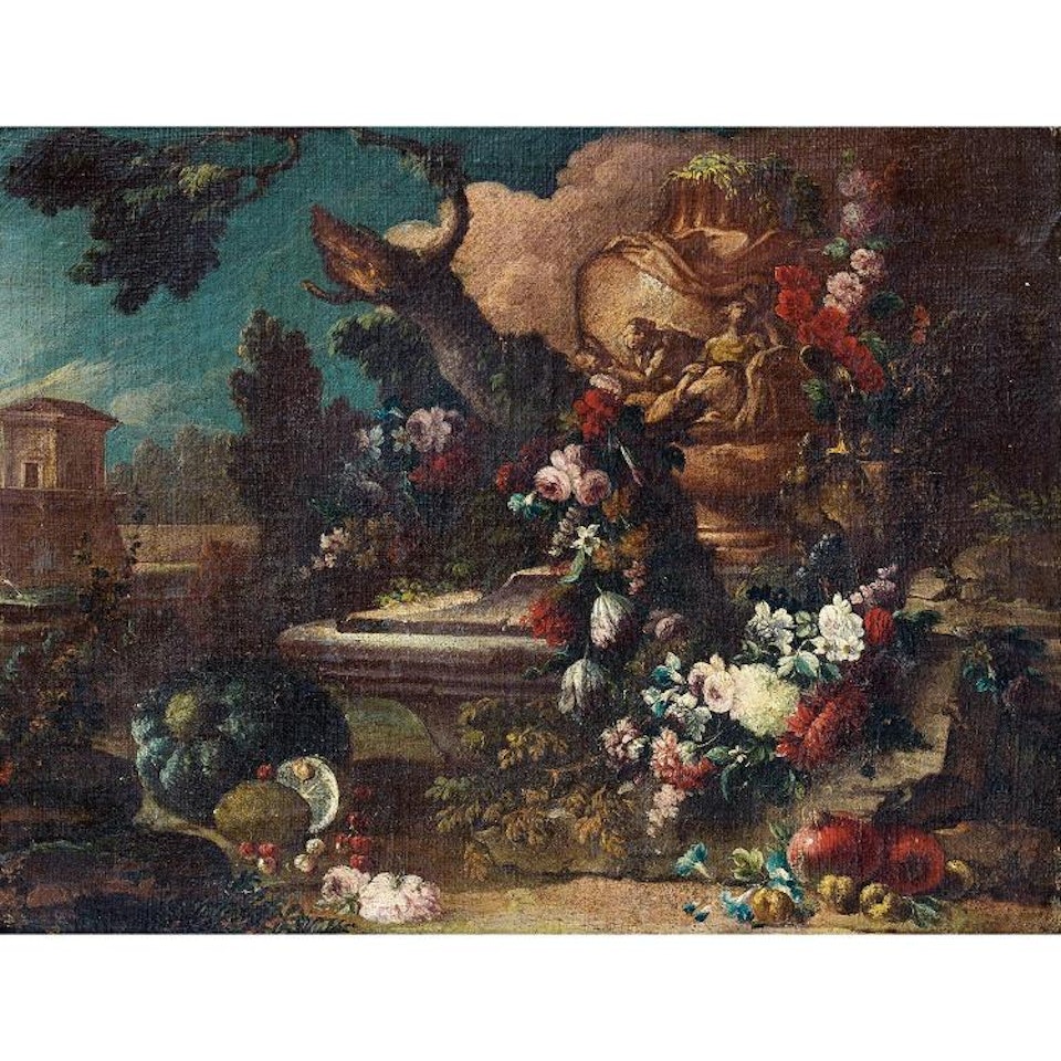 Flower pier in front of a fountain; Flowers in front of a fountain by Gasparo Lopez