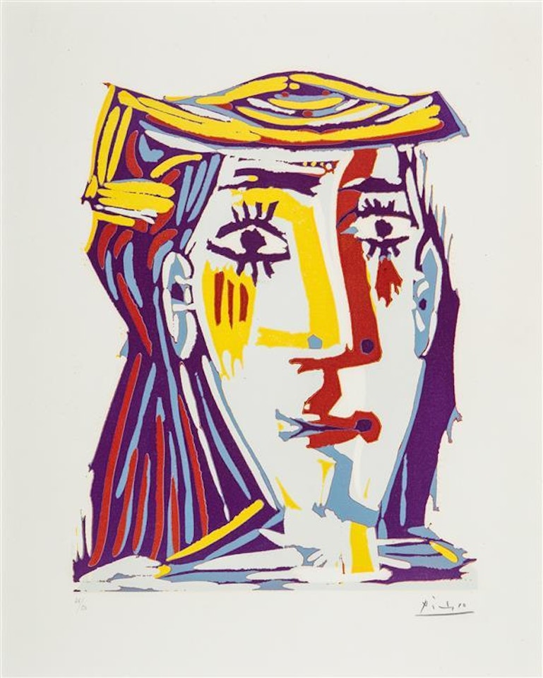 WOMAN IN A HAT or PORTRAIT OF JACQUELINE IN A MULTI-COLORED STRAW HAT by Pablo Picasso