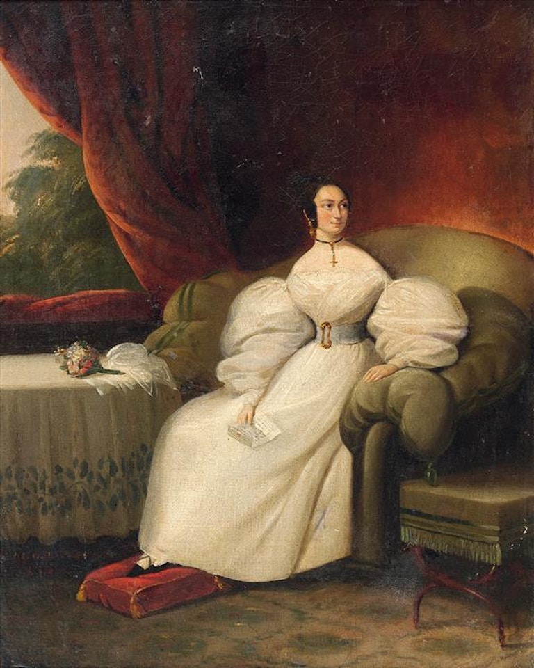 Young woman on her sofa by French School