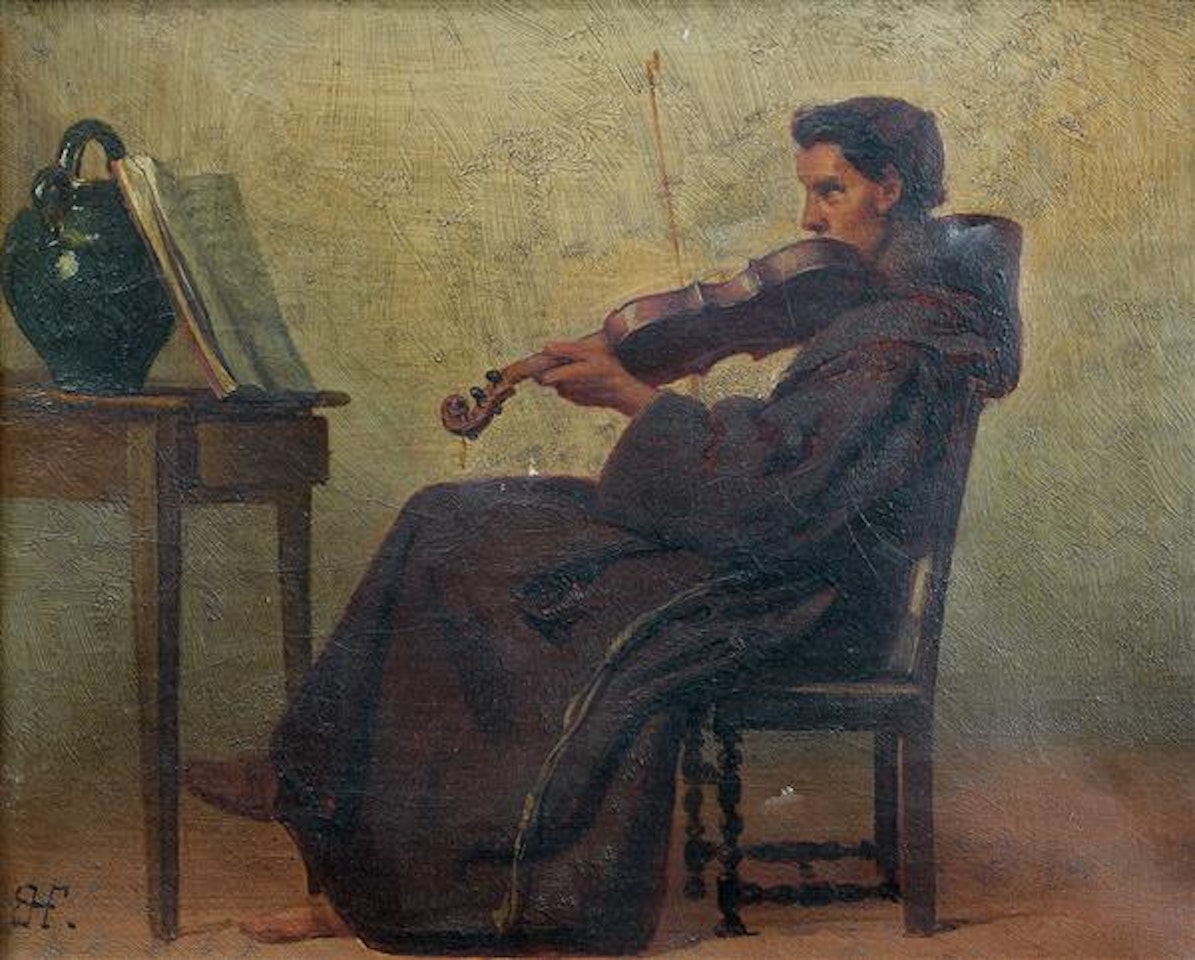 Monk playing the violin by French School