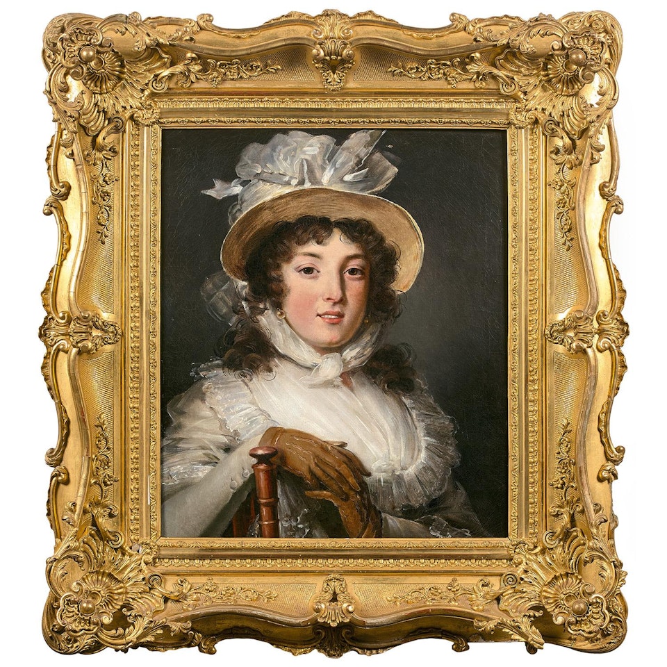 Portrait of a lady wearing a straw hat with ribbon by French School