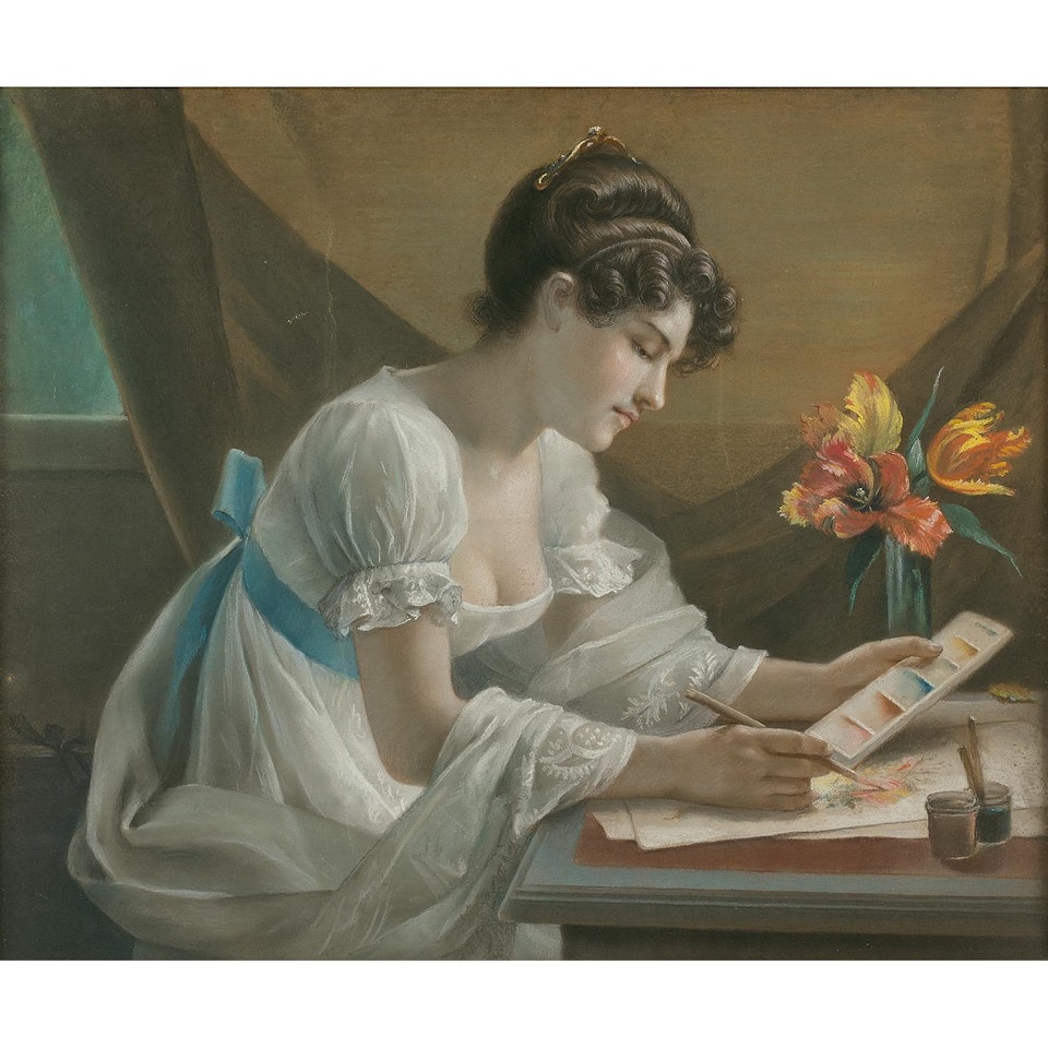 Young watercolorist woman painting a bunch of flowers by French School