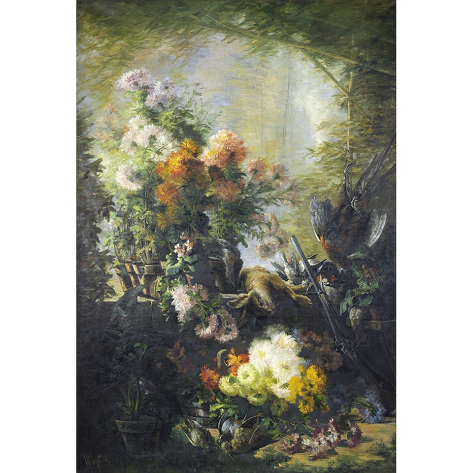 still life with bouquets of dahlias and game; NATURE MORTE AU BOUQUET DE DAHLIAS ET AU GIBIER by German School