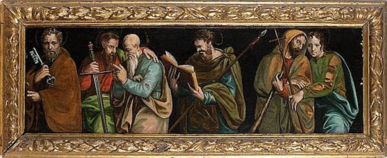 Six Apostles: Saints Peter, Paul and Andrew, Bartholomew, James the Major and James the Minor, fragment of a predella from an altarpiece by Neapolitan School