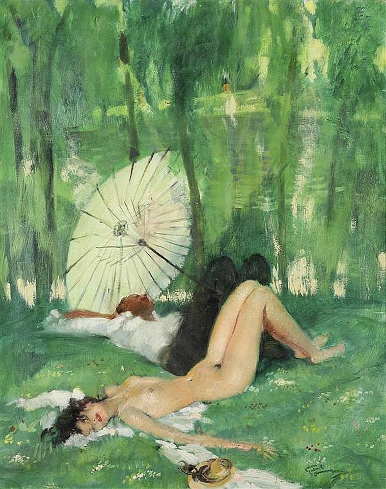 Femme à l"ombrelle dans un parc by Jean Gabriel Domergue