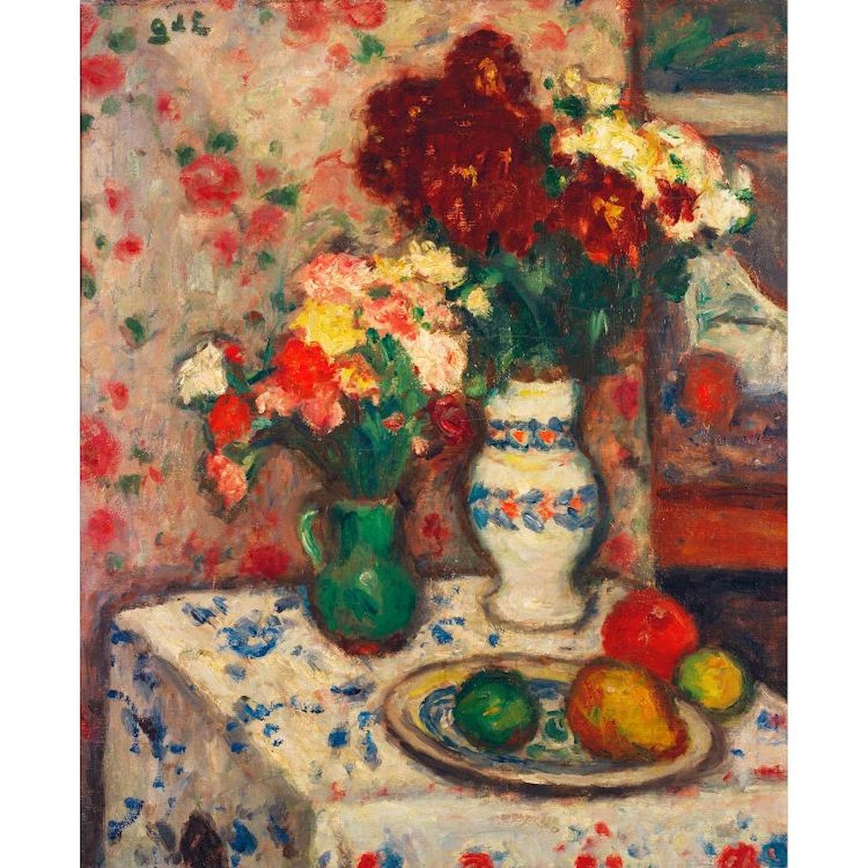 Nature morte aux bouquets de fleurs et fruits; NATURE MORTE AUX BOUQUETS DE FLEURS ET FRUITS by Georges d’Espagnat