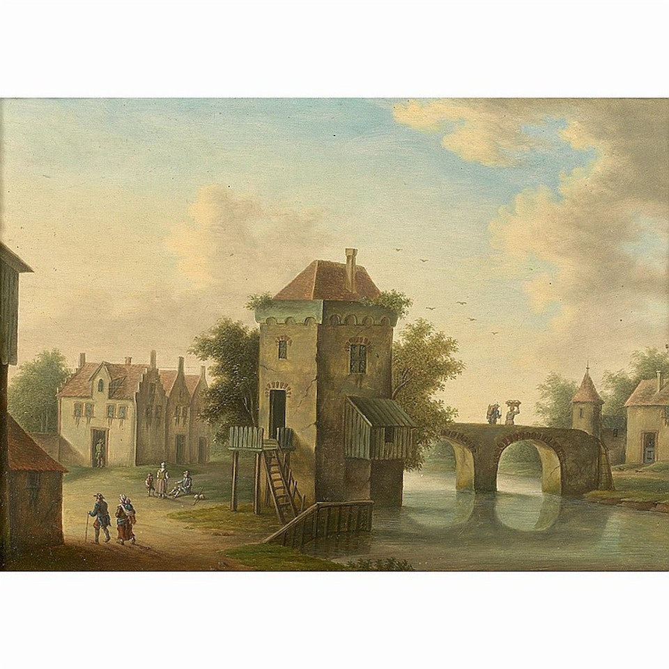 Landscape at the bridge by Dutch School