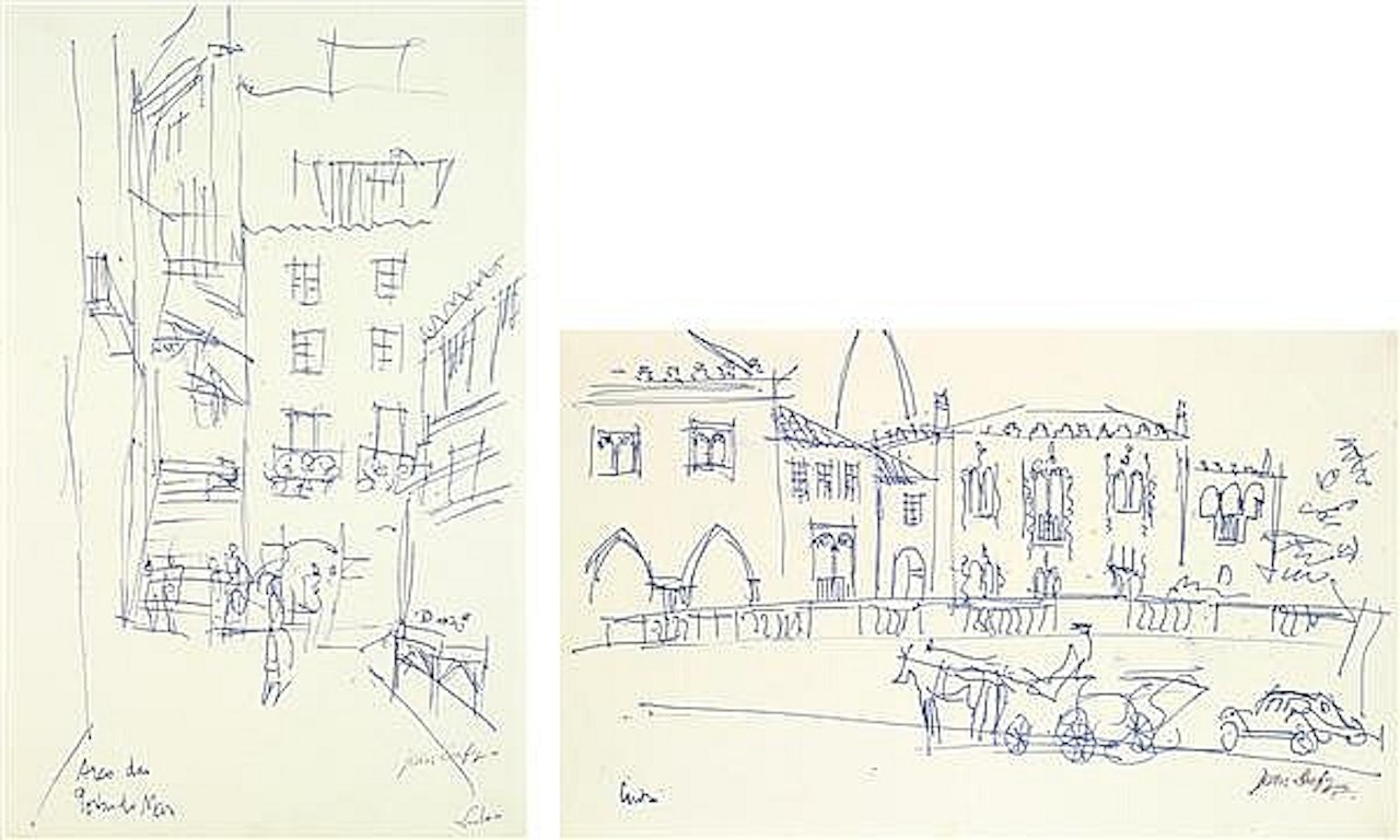  A view of Lisbon and a view of Cintra Bic bleu Located on one "Cintra" and on the other "Arco das portas do Mar Lisboa"  by Jean Dufy