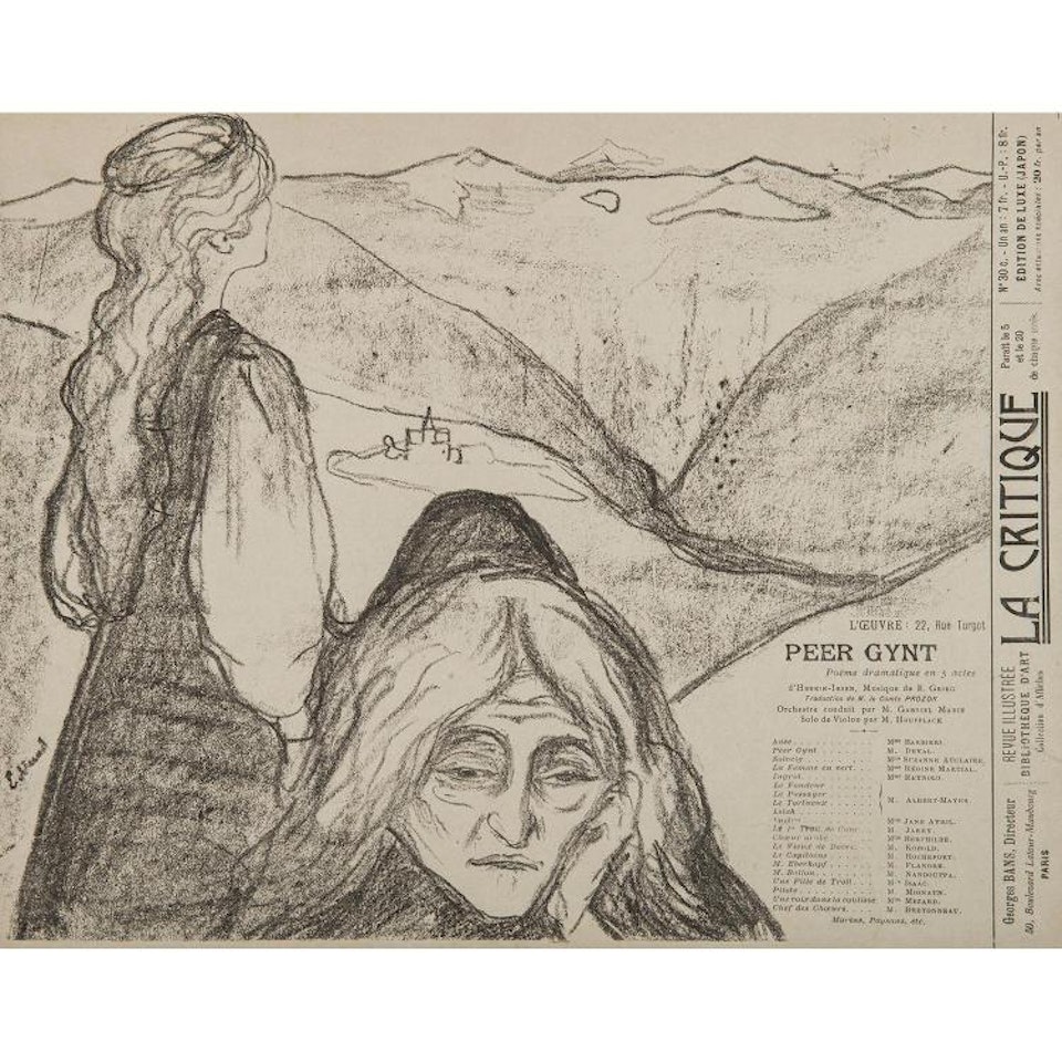 THEATER PROGRAM; PEER GYNT by Ibsen; dramatic poetry in five acts at the Théâtre de l"Œuvre, with advertising for La Critique by Edvard Munch