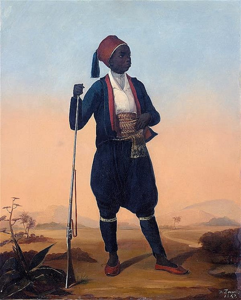 Full-length portrait of an African with a fez by Italian School