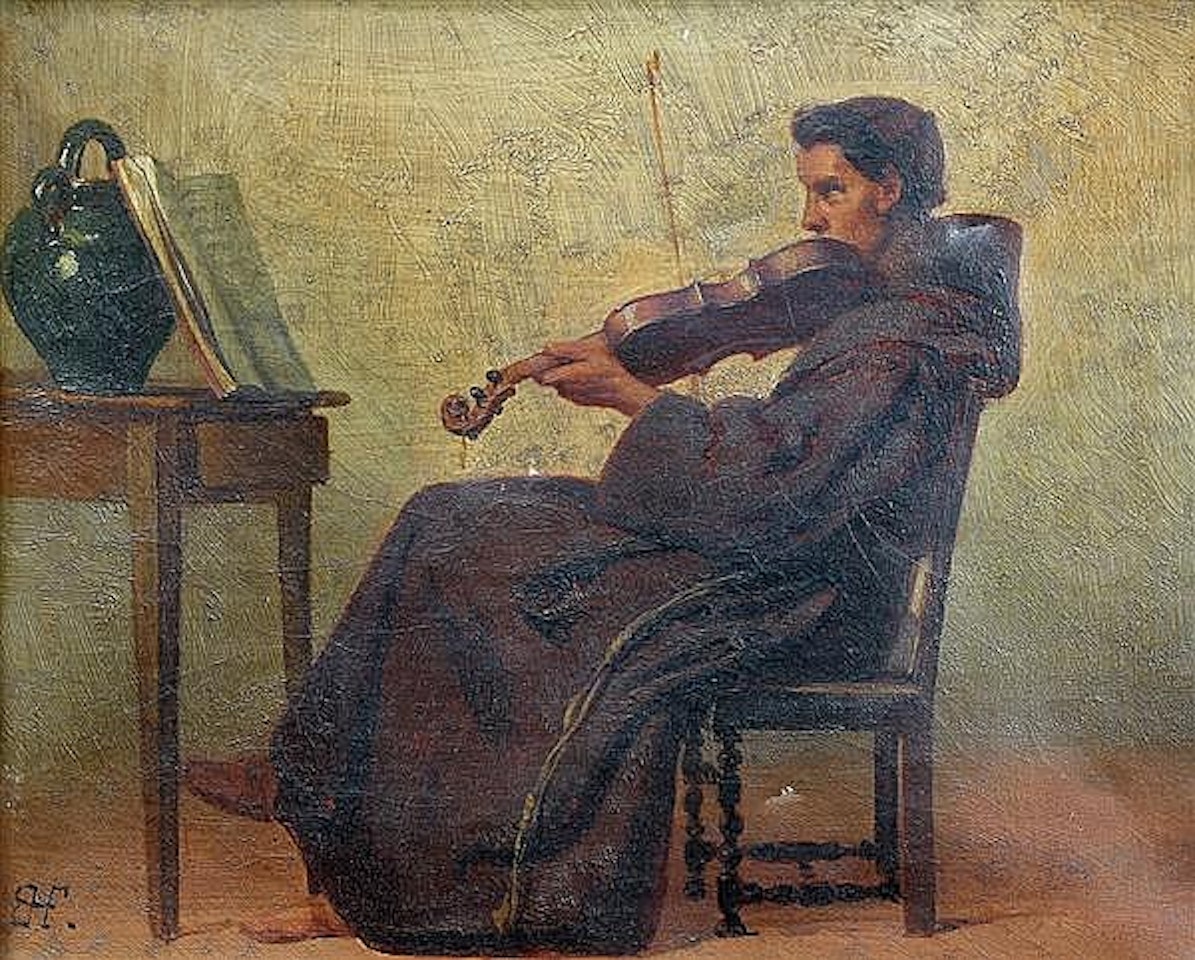 Monk playing the violin by French School