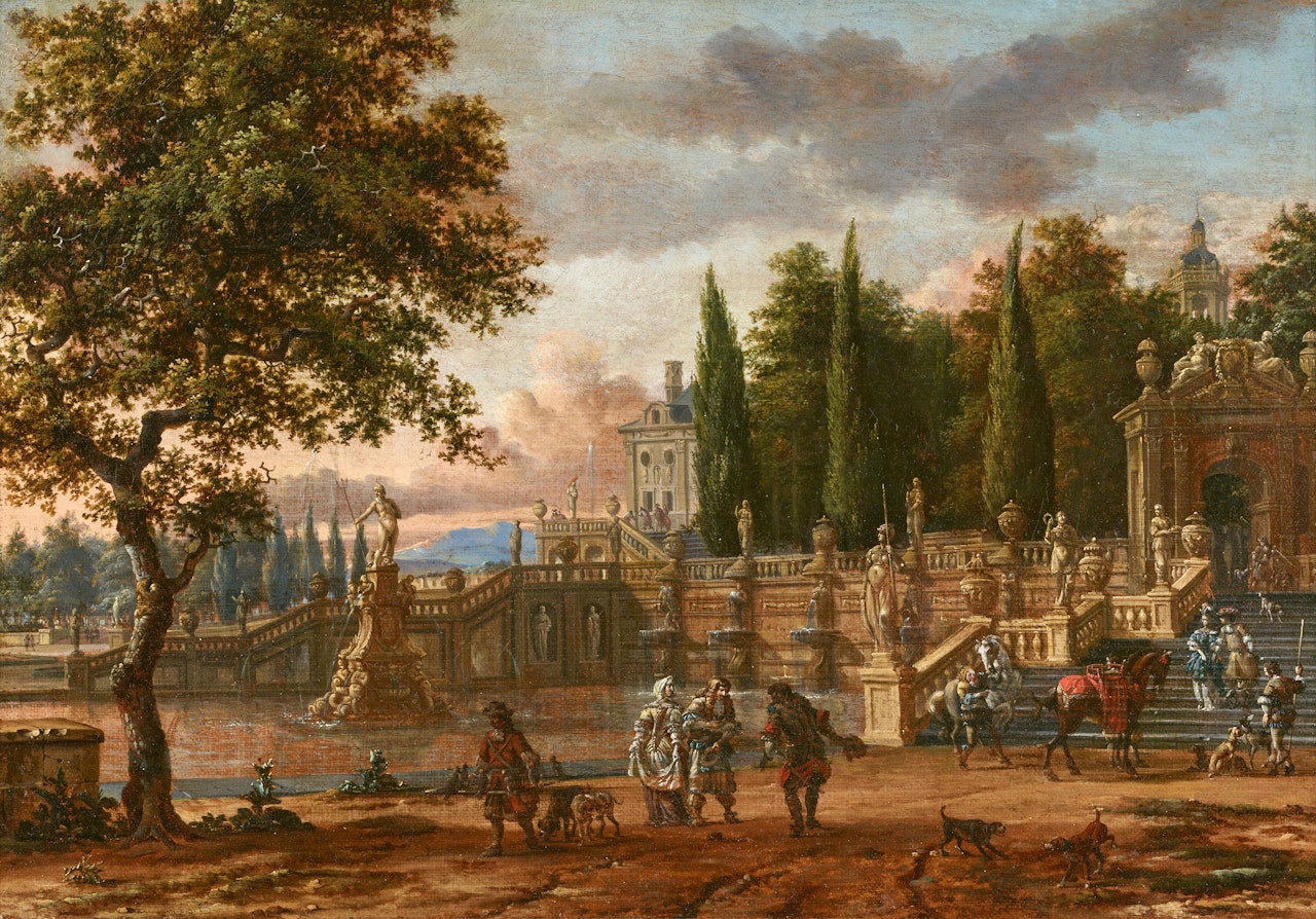 Palace Park with Elegant Company departing for a Falcon Hunt by Abraham Storck
