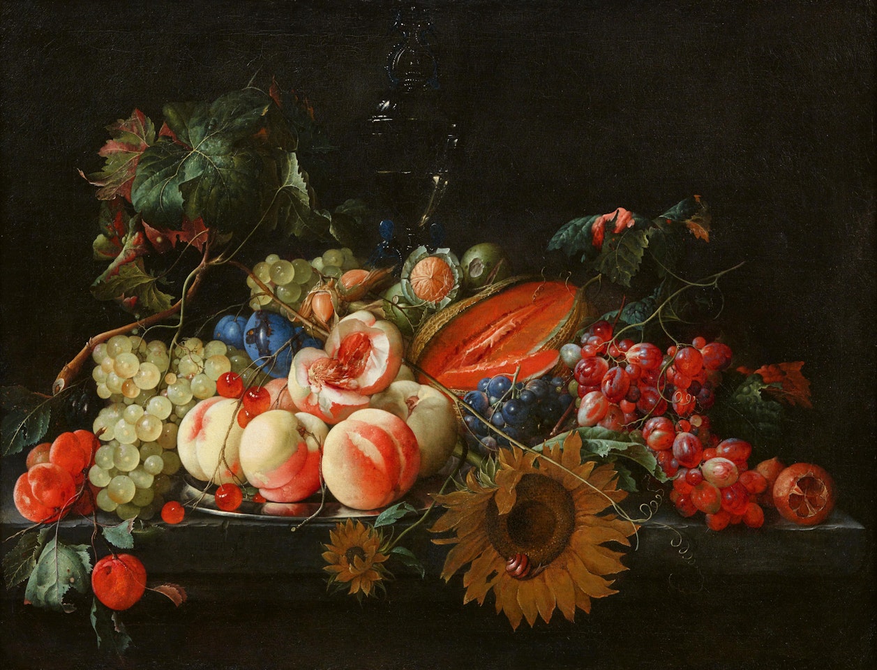 Still Life of Peaches and Cherries on a Salver with other Fruits, Nuts and Sunflowers by Cornelis de Heem
