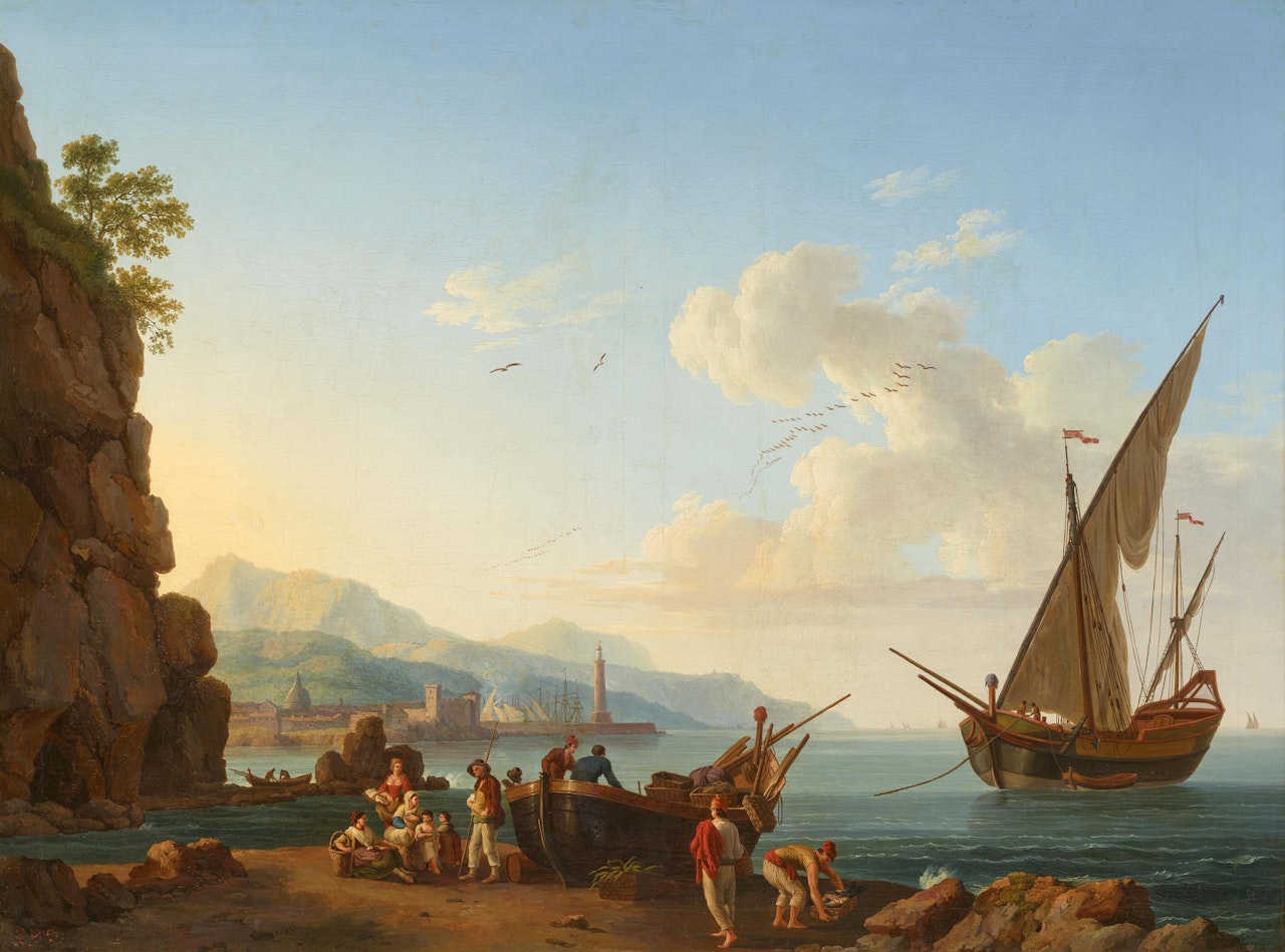 Fishermen with boat on a beach by Jacob Philipp Hackert