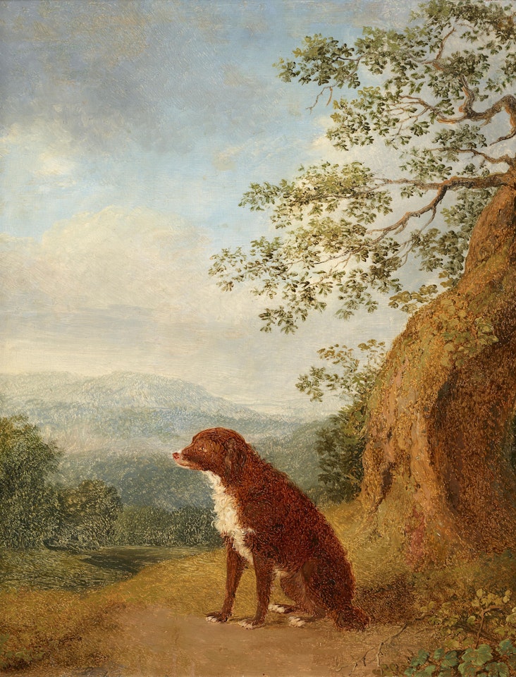 Sitting dog in a landscape by Jacob Philipp Hackert