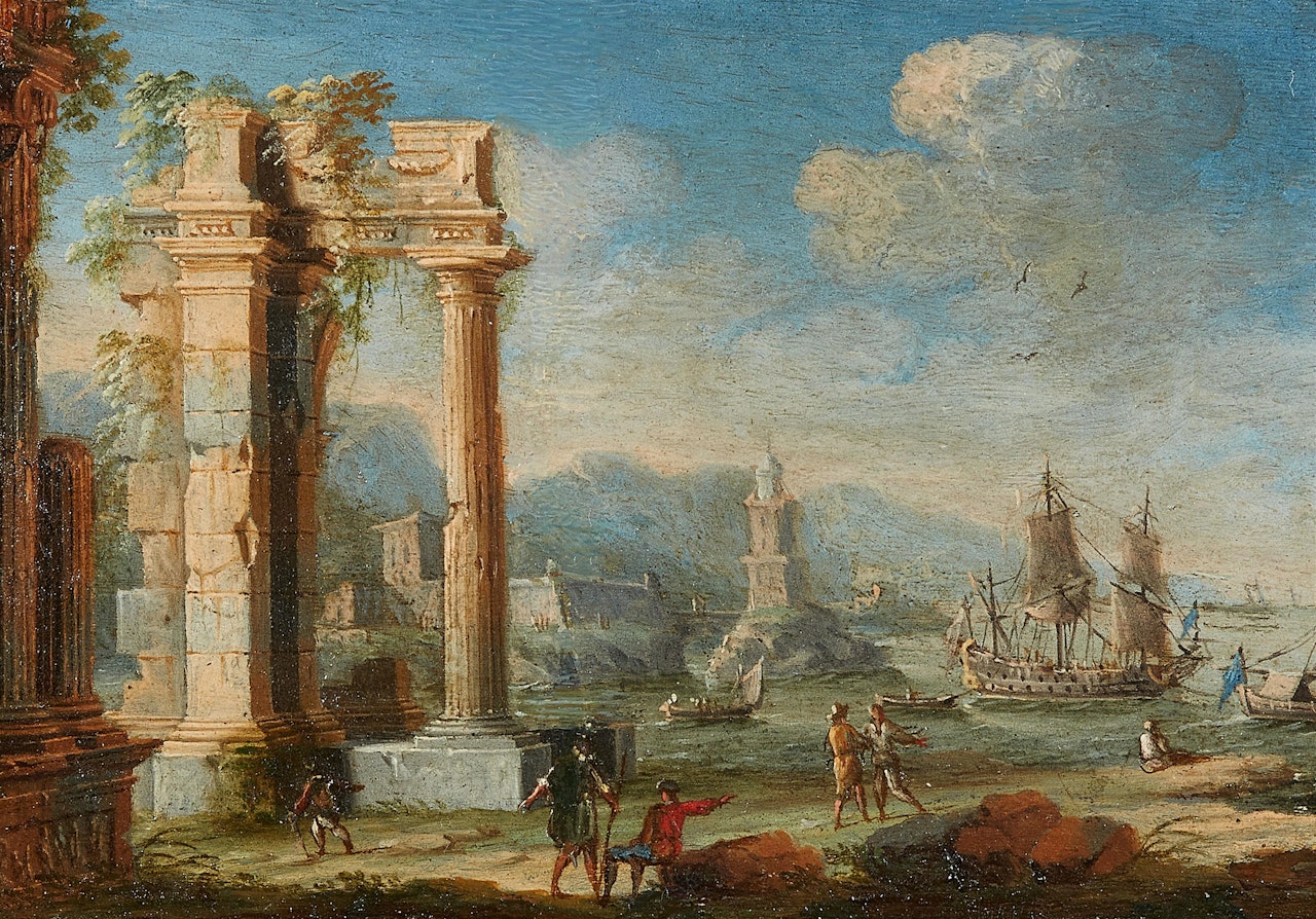 Pair of Architectural Capricci with Ruins by a Harbour by Gennaro Greco