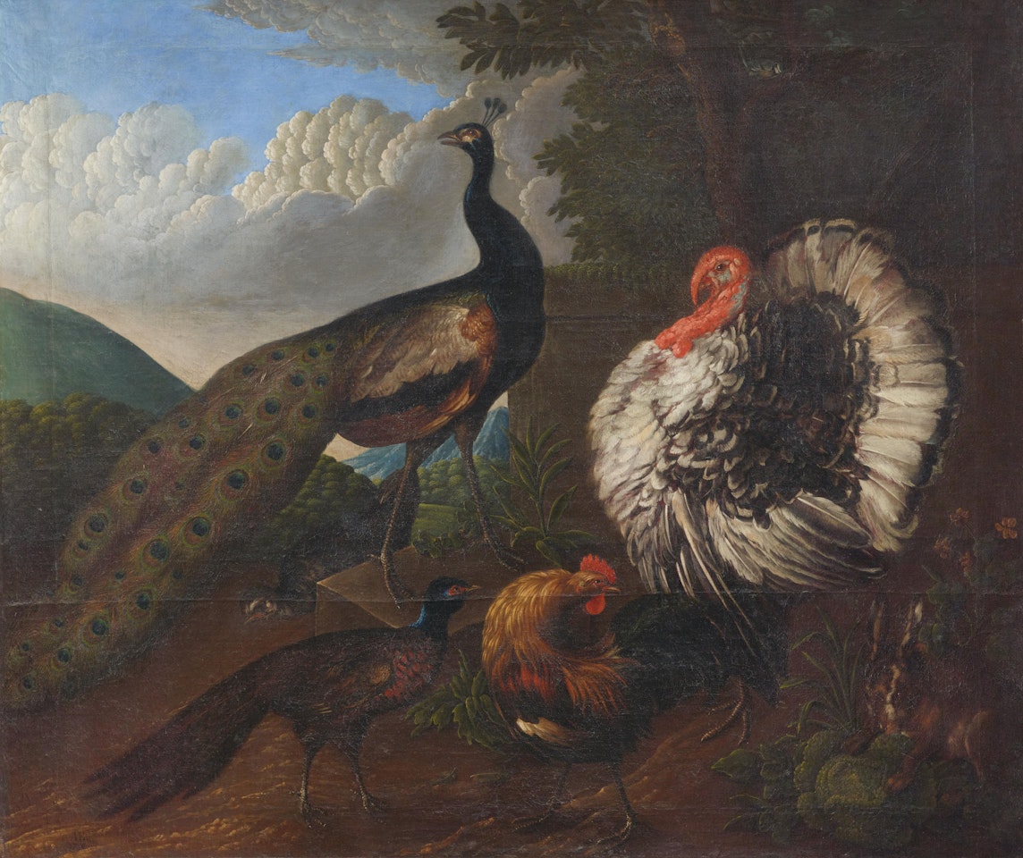 Landscape with Peacocks, Rooster, Turkey and Rabbit by German School
