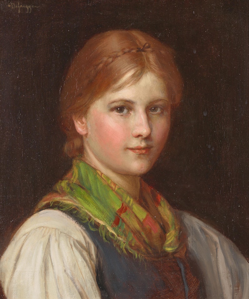 Young Woman with colorful scarf by Franz von Defregger