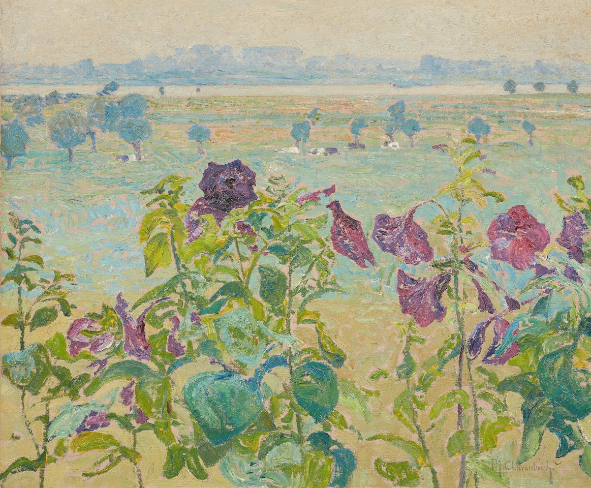 Flowers (Hollyhocks), View of the Rhine near Wittlaer by Max Clarenbach