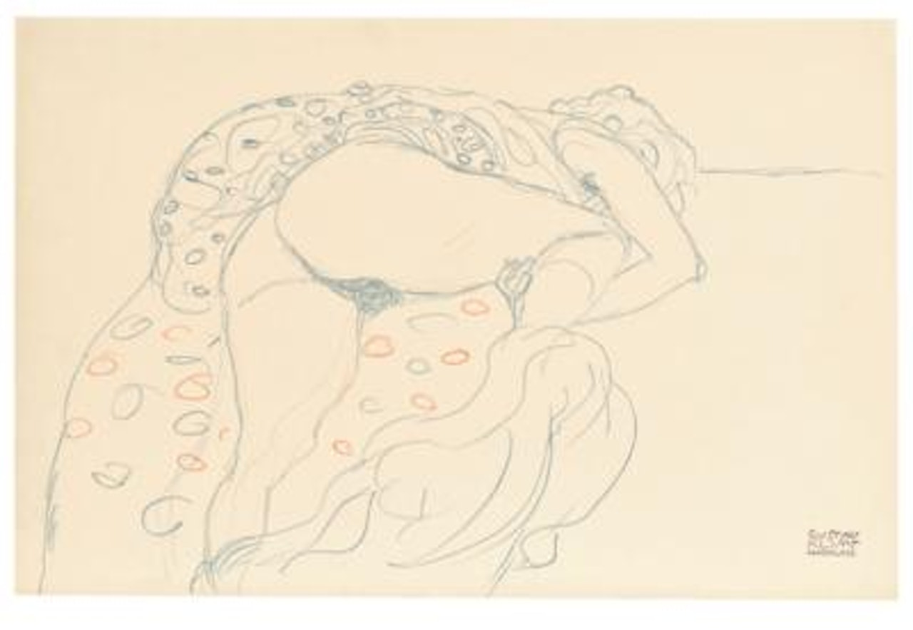 Liegender Halbakt nach rechts, mit angezogenem rechten Oberschenkel (Reclining half-nude to the right, with right thigh pulled up) by Gustav Klimt