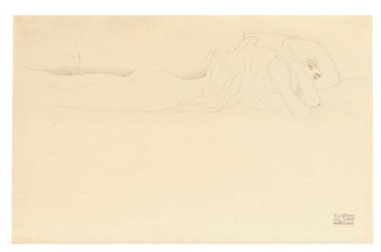 Auf dem Bauch liegender Halbakt nach rechts (Studie für “Wasserschlangen II”, 1. Zustand) (Half nude lying on her stomach, to the right, Study for “Water Snakes II”) by Gustav Klimt