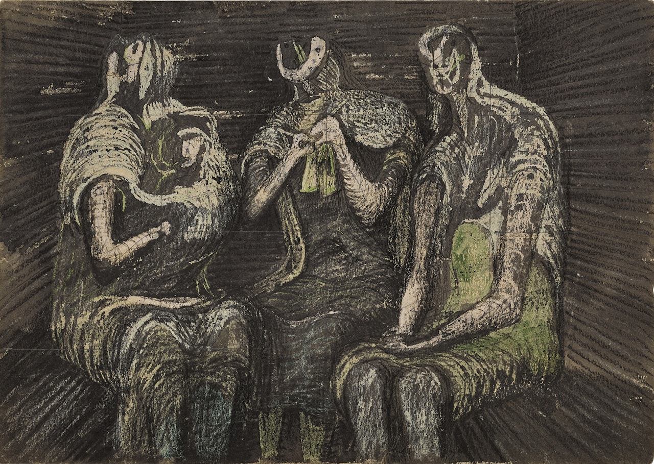 Three Women in a Shelter (one knitting + one with a child) by Henry Moore