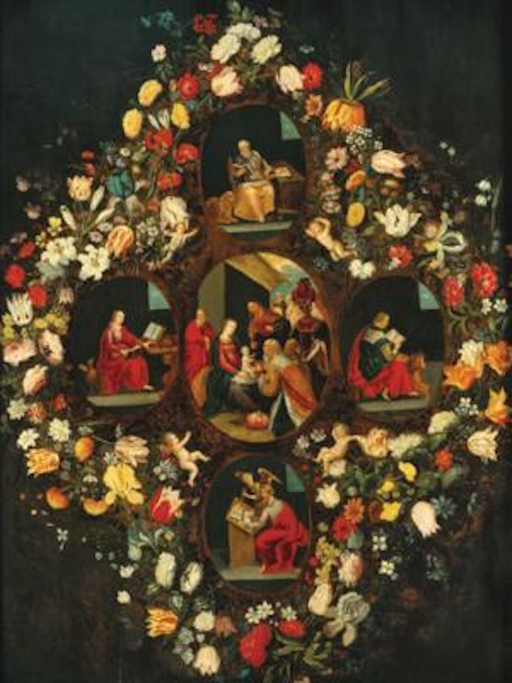 A garland of flowers encircling the Adoration or the Magi and the Four Evangelists by Jan Brueghel the Younger