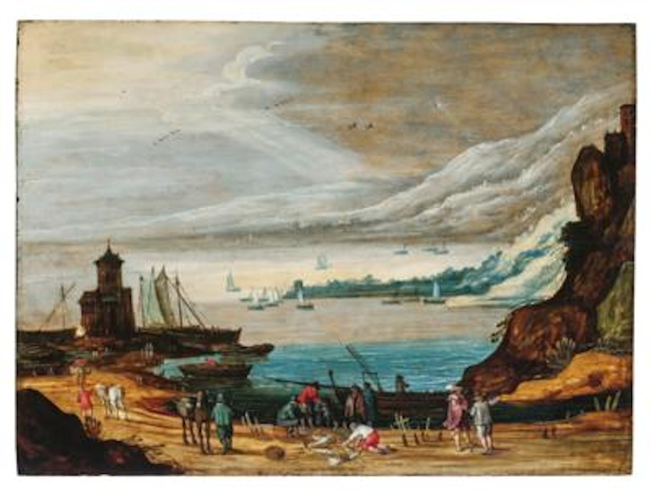 A coastal landscape with fortifications and fishermen unloading their catch by Joos de Momper the Younger