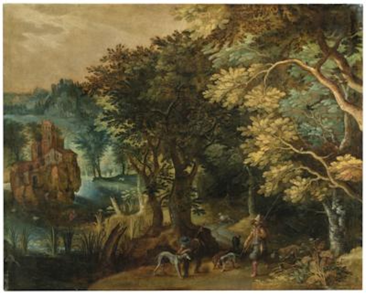 Wooded landscape with hunters and anglers by Paul Bril