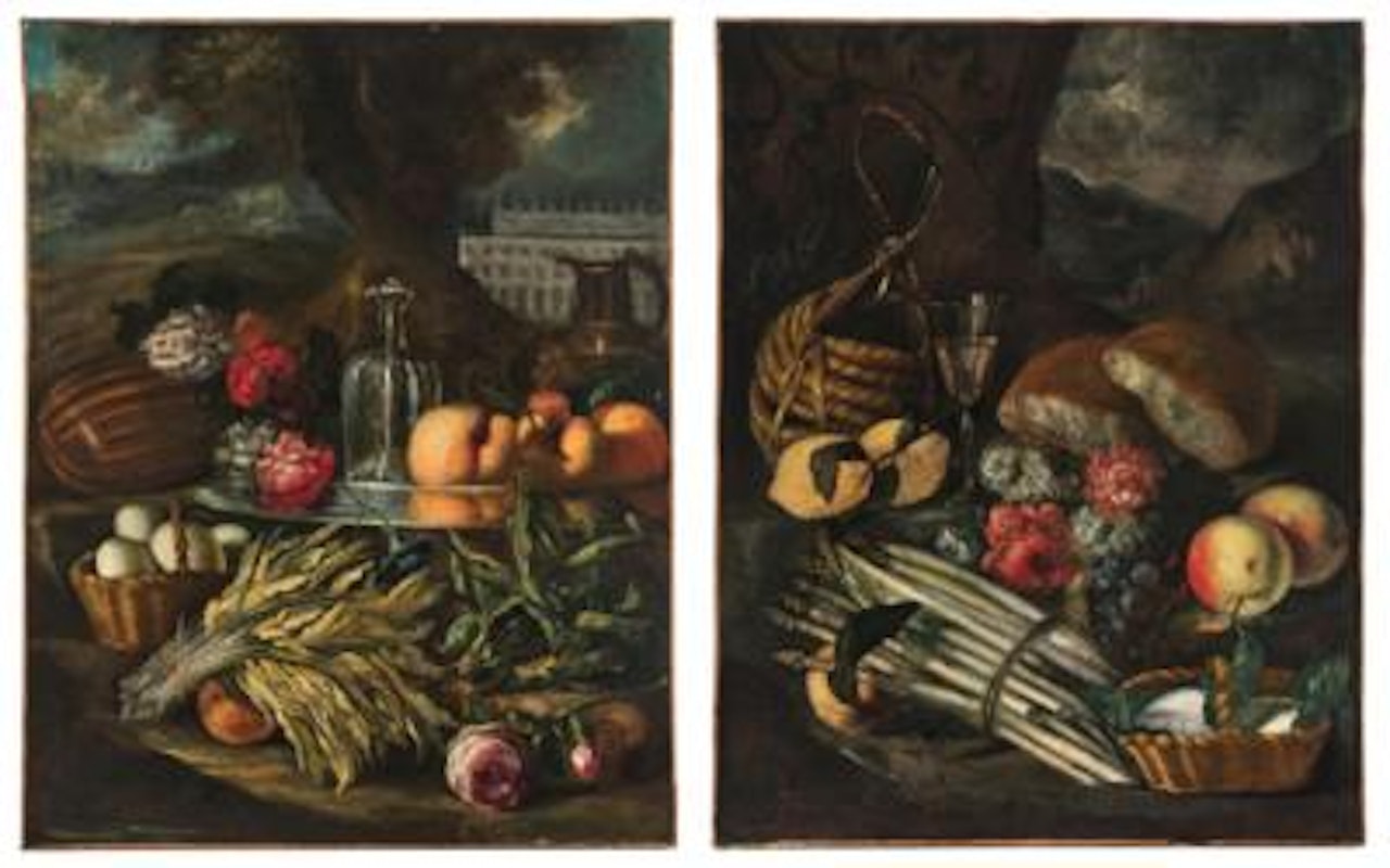 Anemones, peaches and a glass bottle on a pewter plate, roses, next to a lute, a basket of eggs and bunches of herbs underneath, a landscape and architecture beyond; by Cristoforo Munari