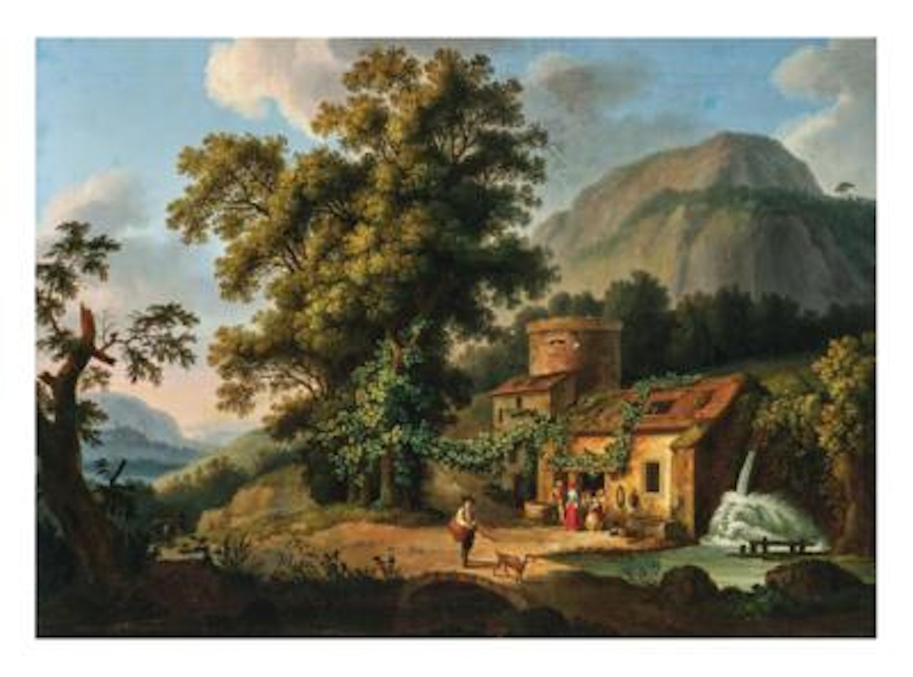 A wooded mountainous landscape with the Copper-Mill in Vietri by Jacob Philipp Hackert