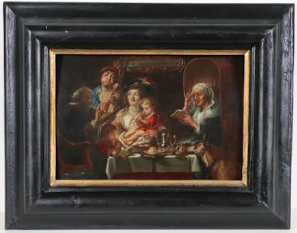 Interior with table company and richly covered table by Jacob Jordaens
