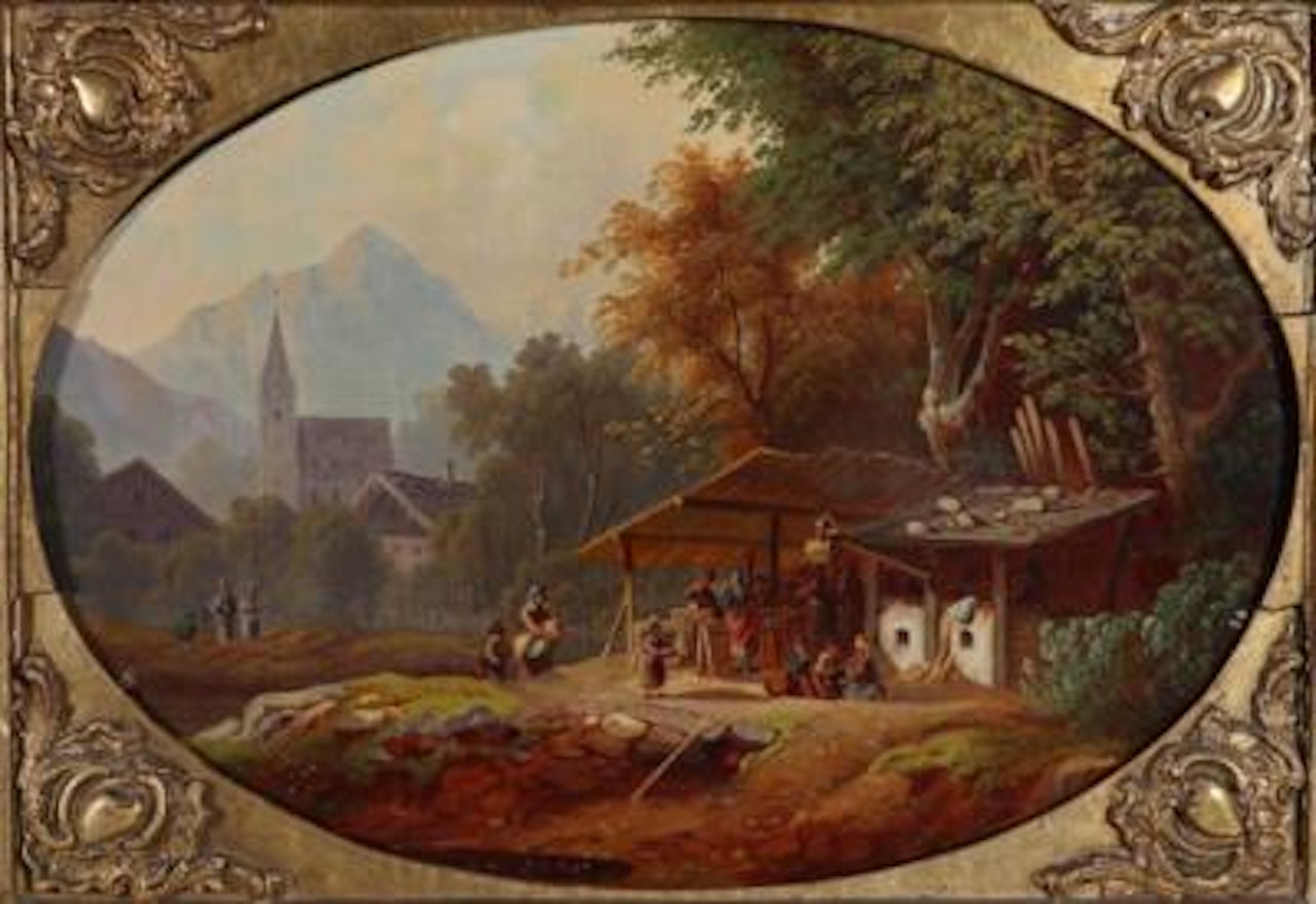 Farmhöt in mountain landscape with water lock by Anton Doll