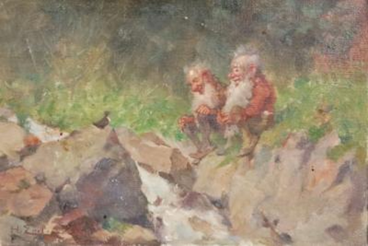 Zwei Zwerge am Bachrand mit einem Singvogel by Hugo Engl