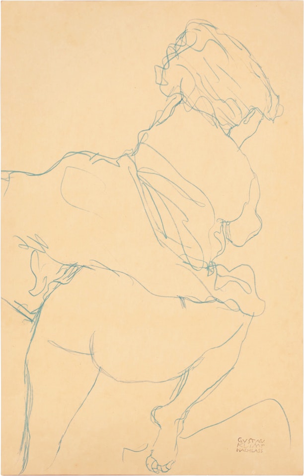 Kauernder Halbakt in Rückenansicht nach rechts ( Semi-Nude Crouching Down, Seen from the Back and Turned to the Right ) by Gustav Klimt