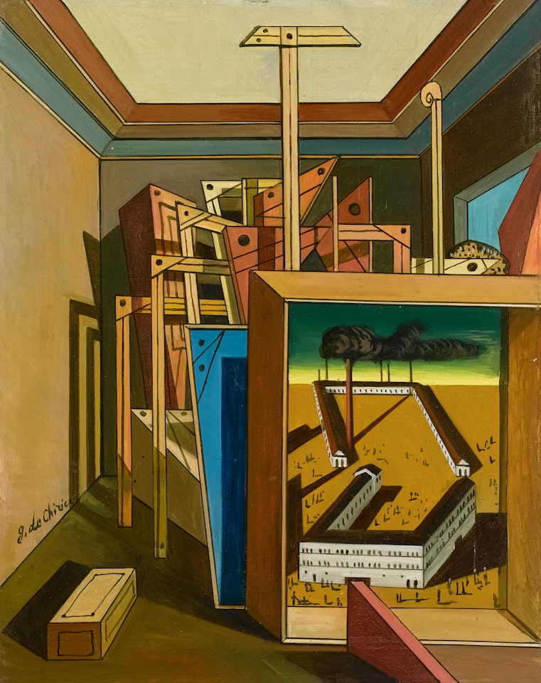Interno metafisico con stabilimento by Giorgio de Chirico
