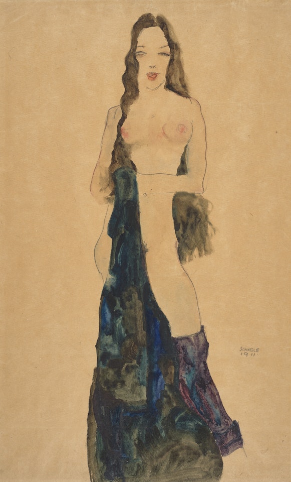 Stehender Akt mit Draperietuch by Egon Schiele