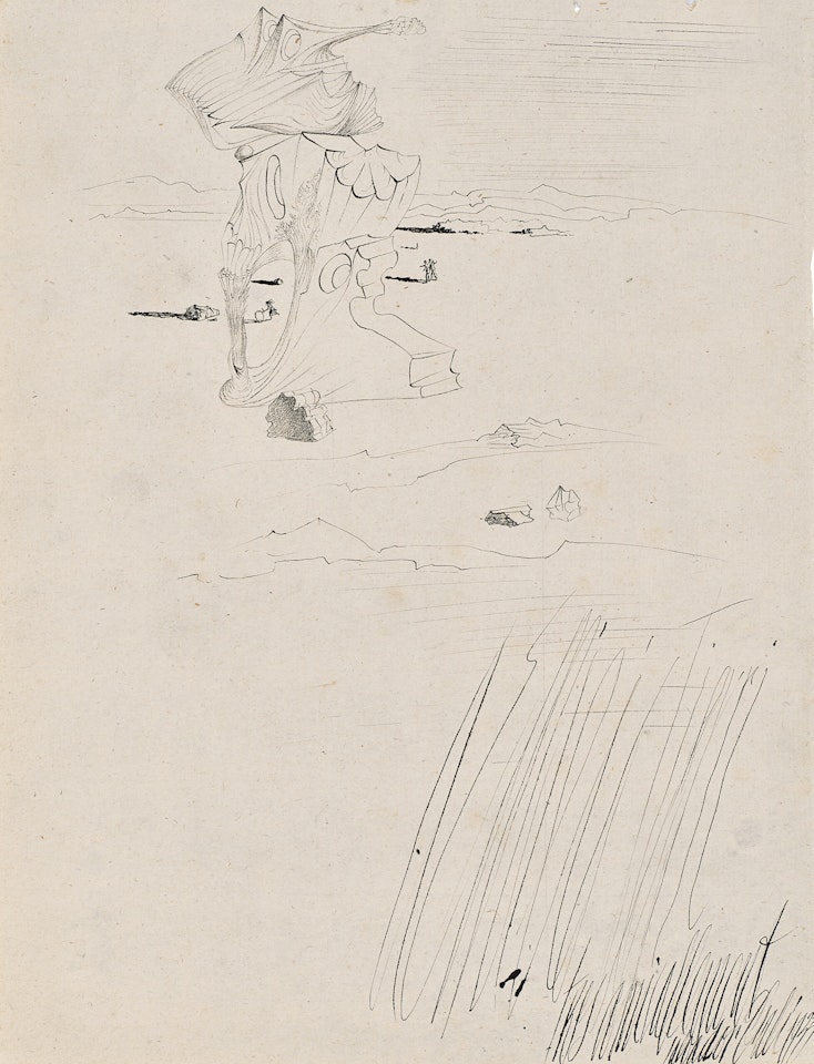 Evocation d"un crâne, rocher, jeune fille au cerceau et trois personnages by Salvador Dali