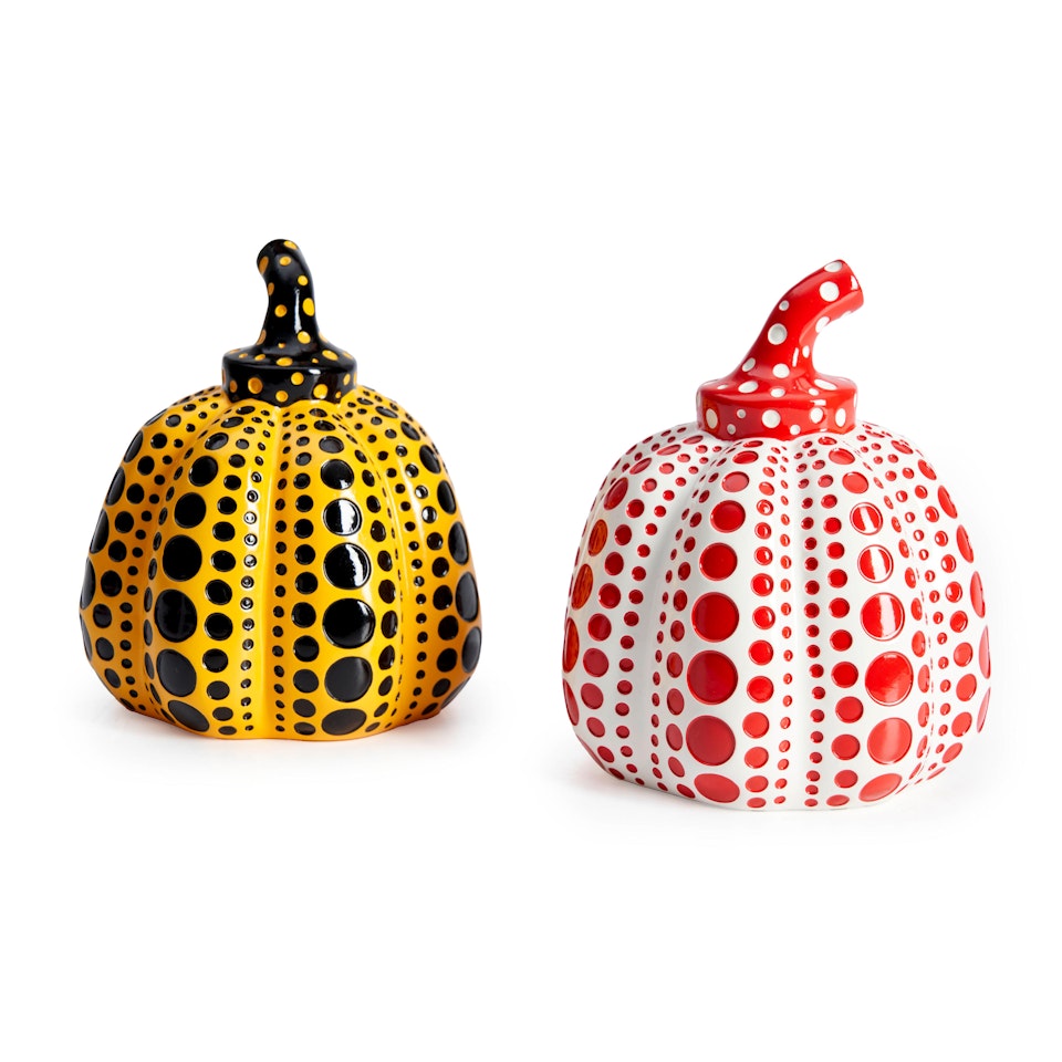 Two Pumpkins: One Yellow and Black Pumpkin and One White and Red Pumpkin by Yayoi Kusama