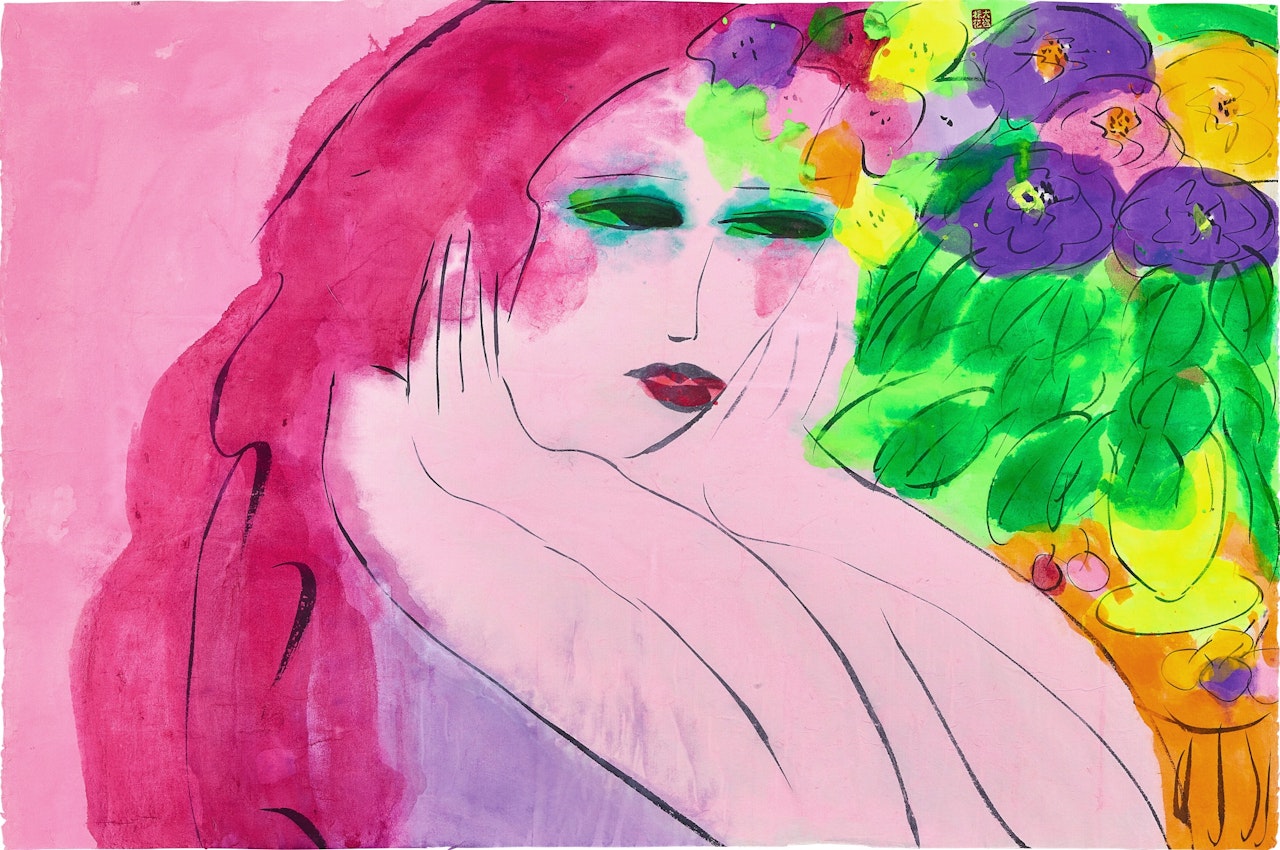 Pink lady with flowers by Walasse Ting