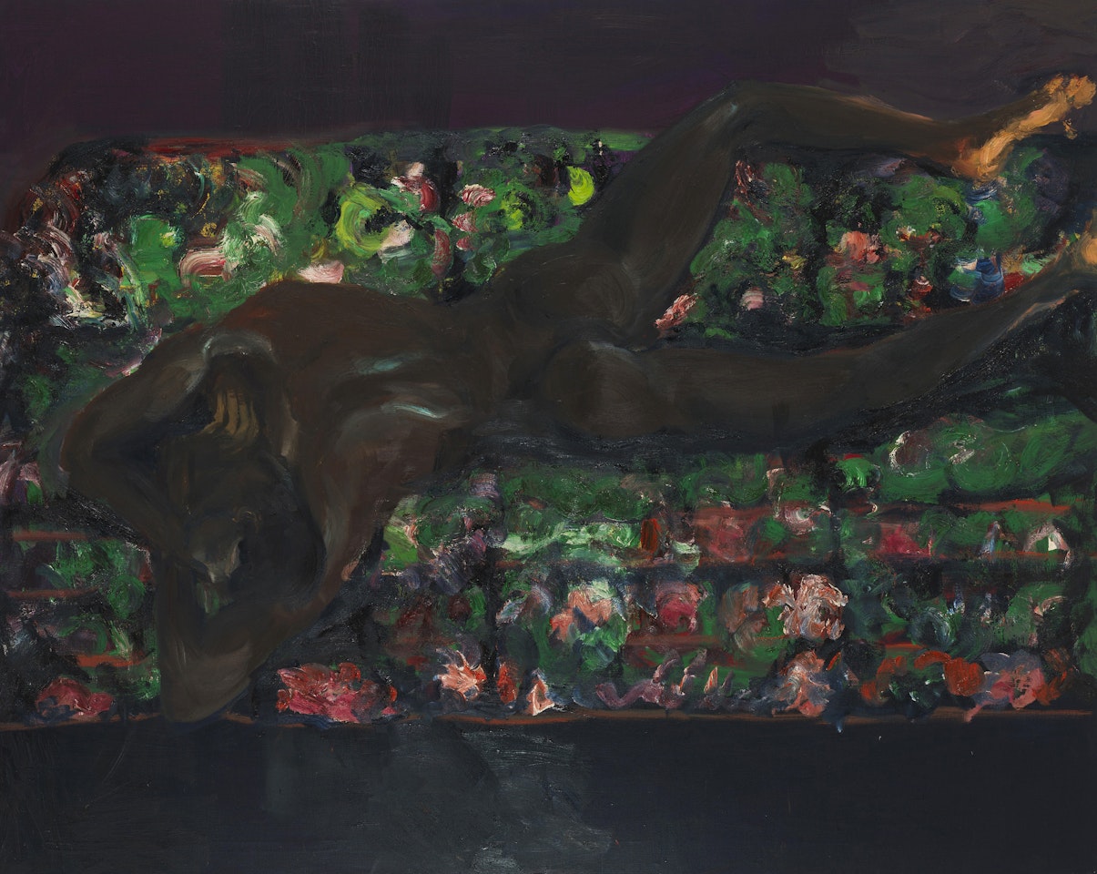 Reclining Nude on green Sofa by Rainer Fetting