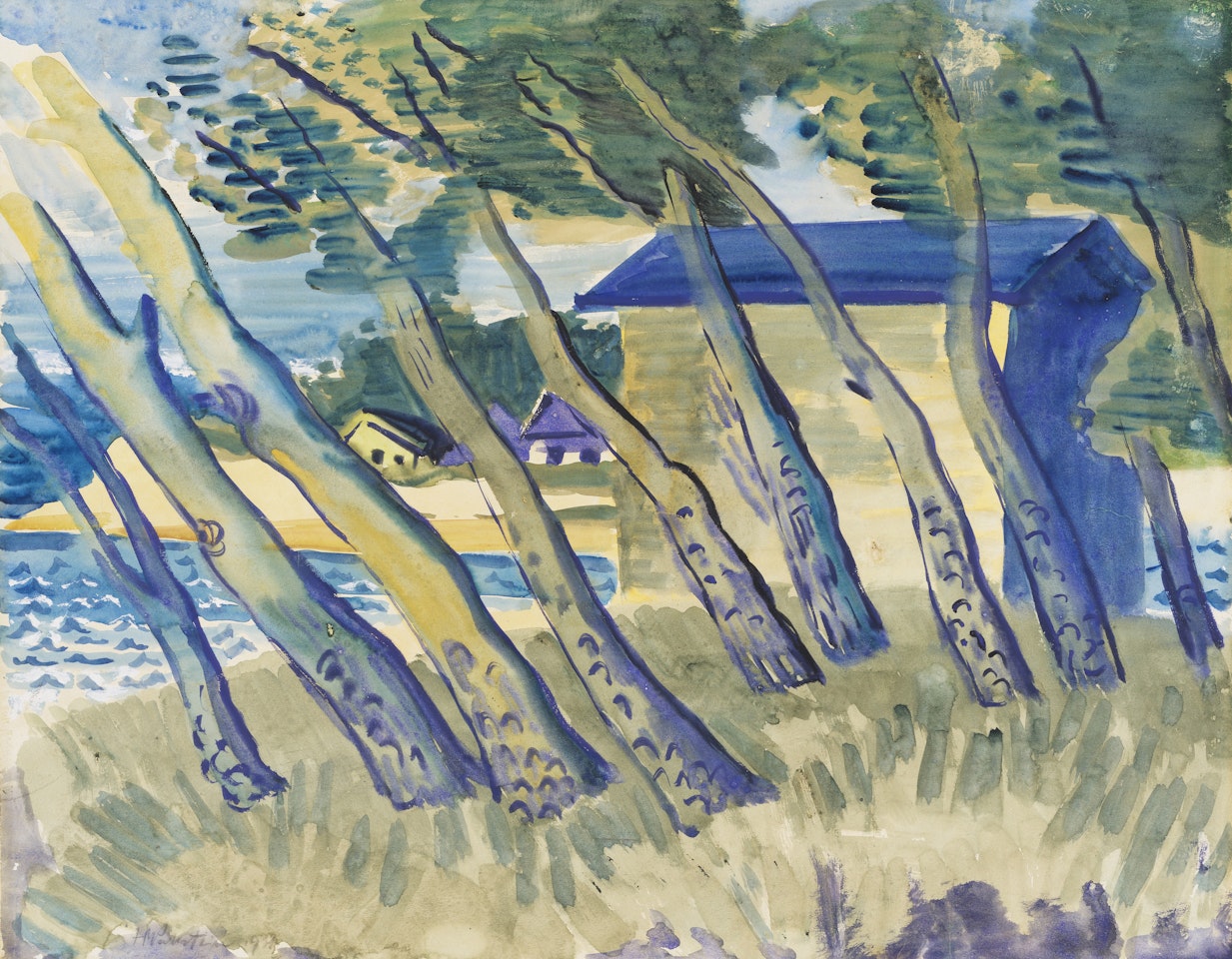 Seeufer mit Bäumen und Häusern by Max Pechstein