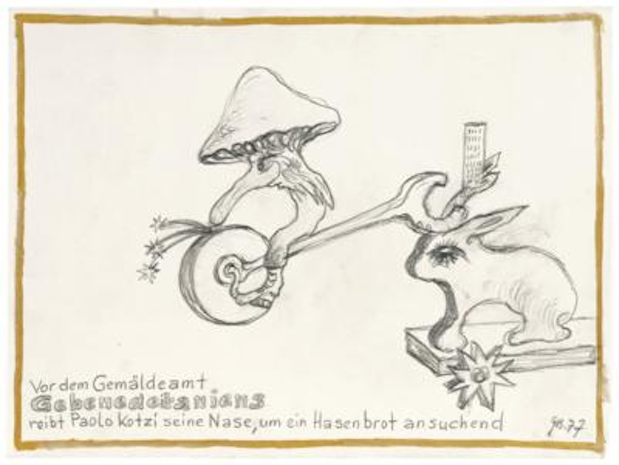 “Vor dem Gemäldeamt, Gebenedeitaniens reibt Pado Kotzi seine Nase, um eine Hasenbrot ansuchend” by Gunter Brus