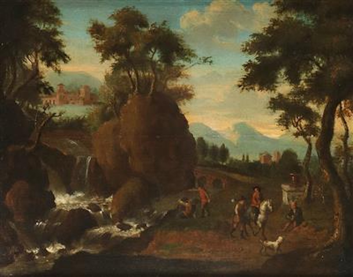 Southern landscape with tavellers and fishermen by Netherlandish School