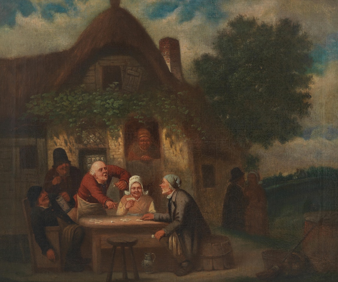 Figures playing cards before a country inn by Dutch School
