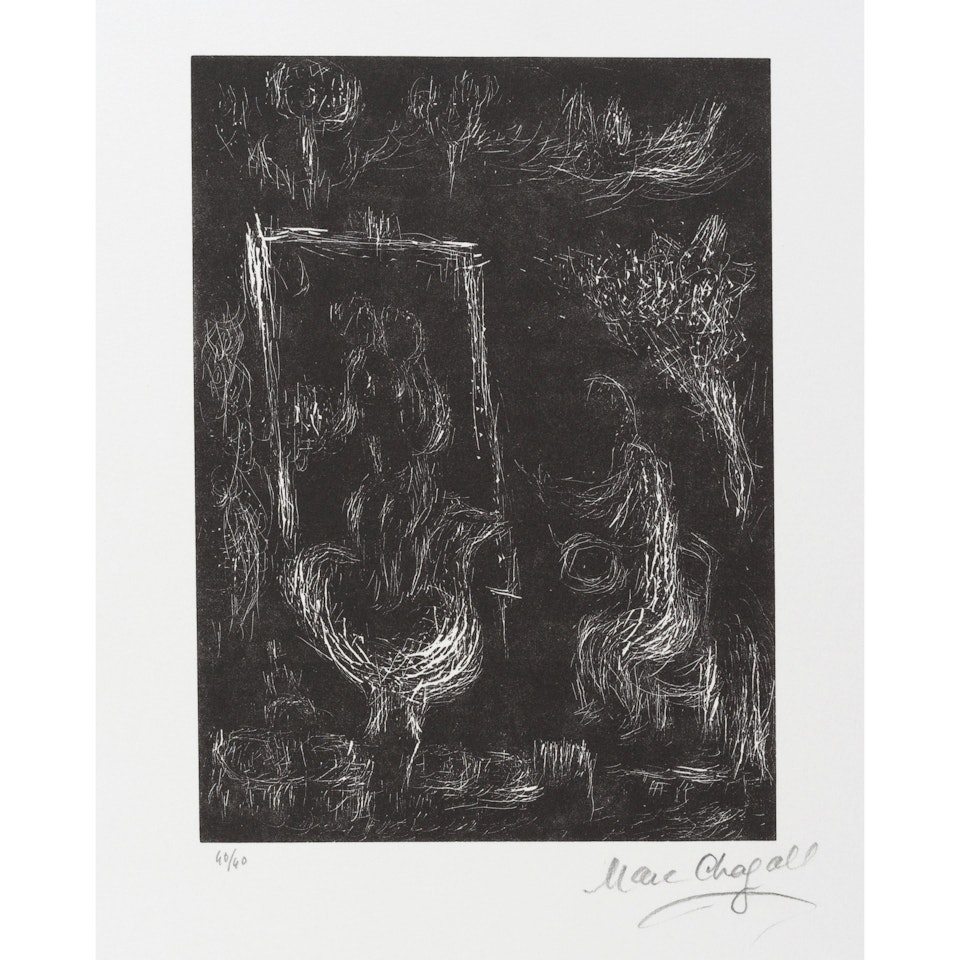 La nuit, il vole un ange dans le ciel, from Six gravures sur linoléum (Cramer bk. 114) by Marc Chagall