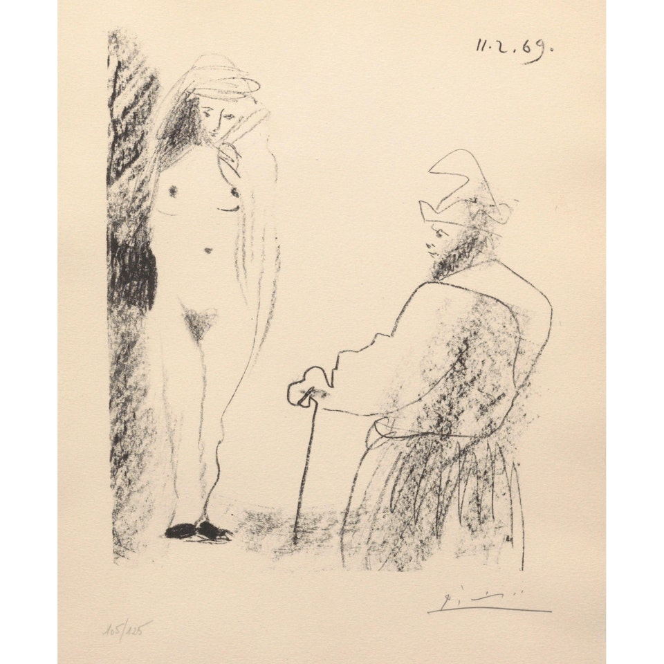 Femme nue et homme à la canne, from Picasso-dessins 27.3.66 to 15.3.68 (Bloch 1464; Mourlot 407; Cramer bk. 145) by Pablo Picasso